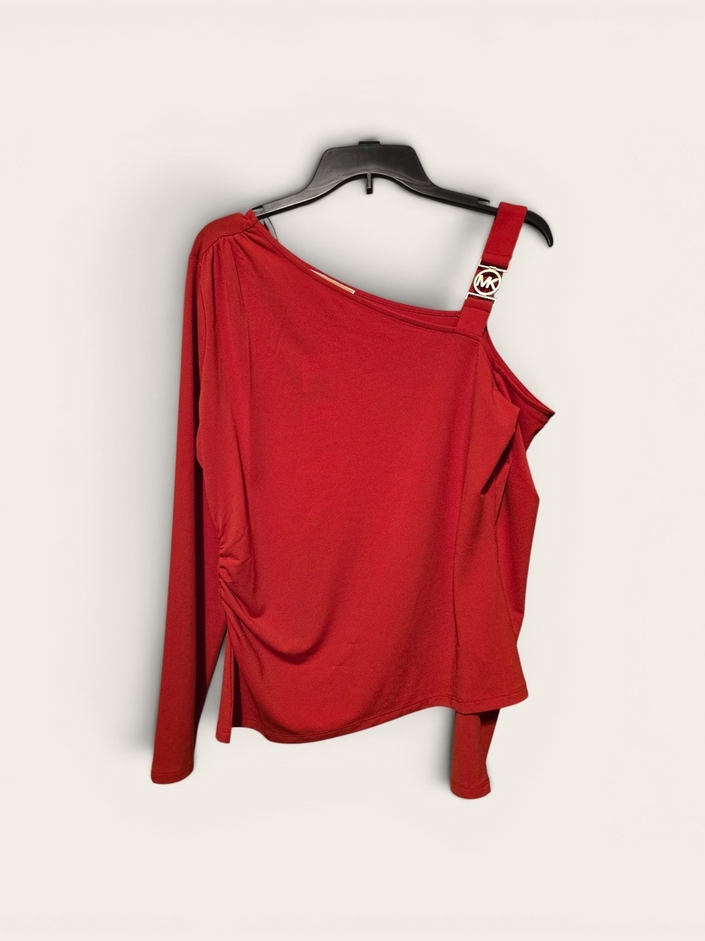 Michael Kors Red Asymmetric One-Shoulder Long Sleeve Top with Logo Strap